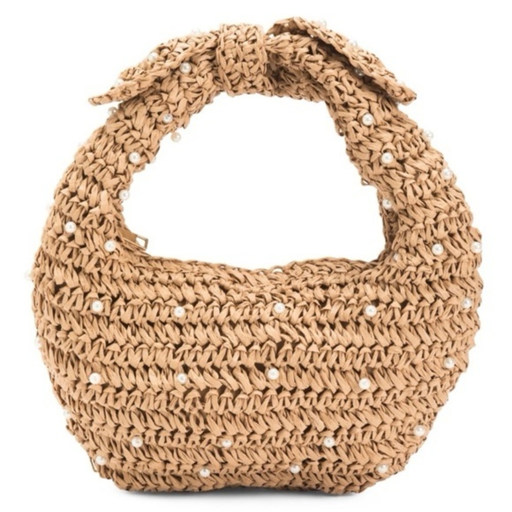 Haute Hippie Tan Woven Pearl-Embellished Hobo Bag